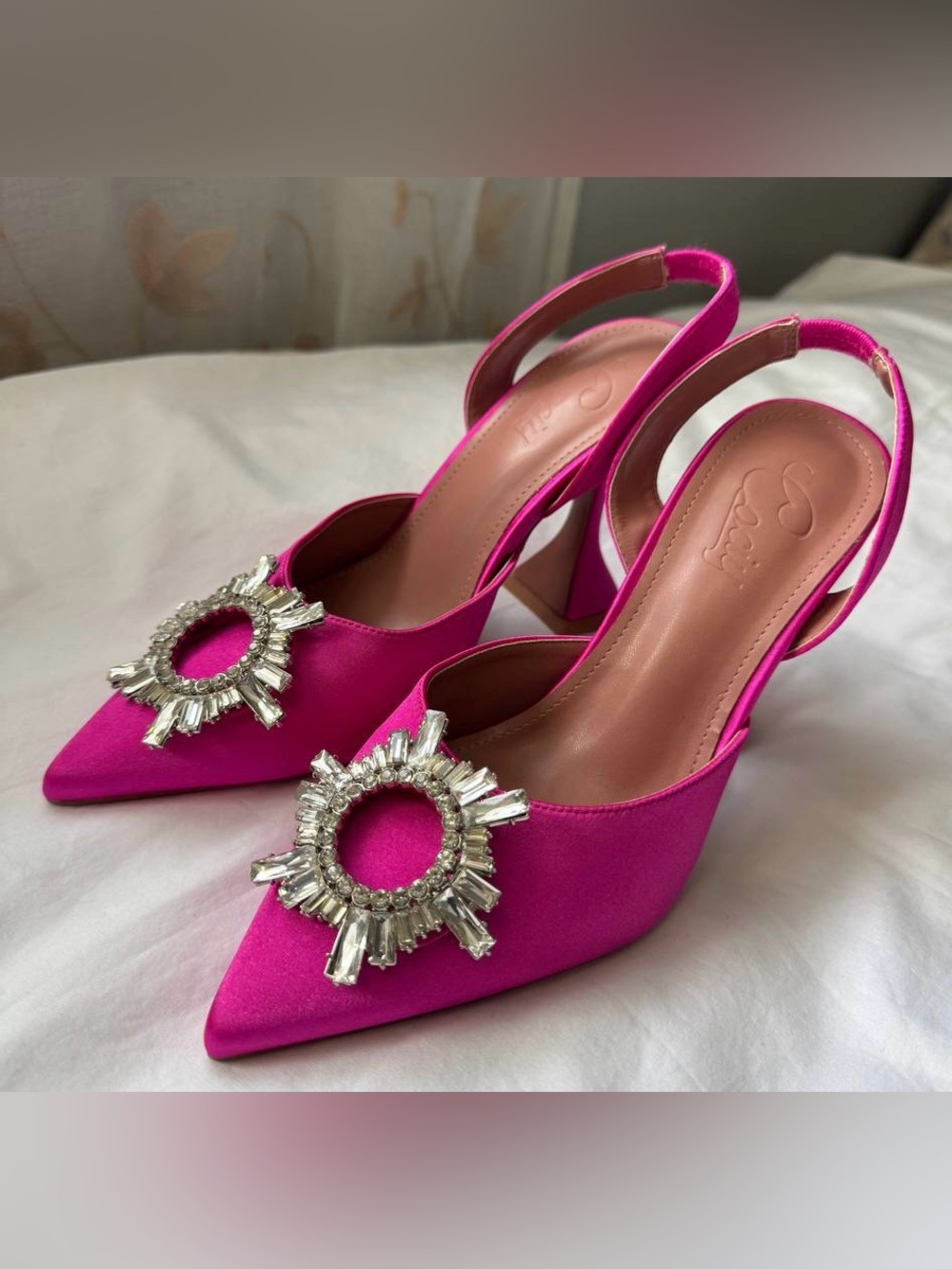 Cociy Luxury Dress Fluted Heel Sz 7 Satin Pointed Slingback w/ Crystal-Sunflower